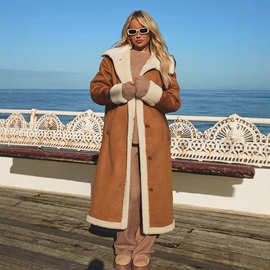 女士仿羊皮草大衣2025新款秋冬季夹克驼色长款加厚羊羔毛外套