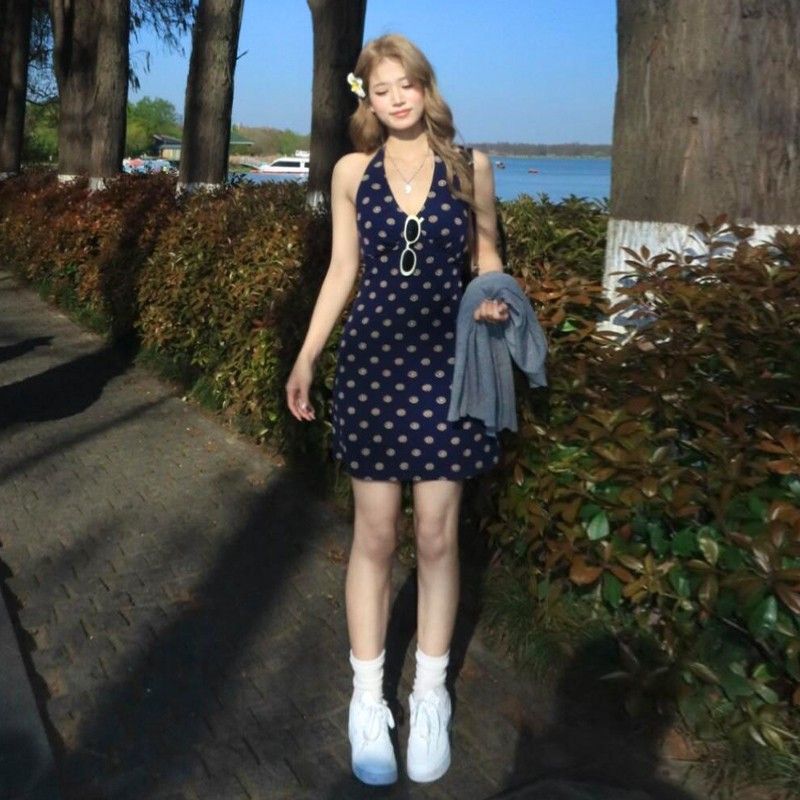 French Style Blue V Neck Waist Halter Dress Short Skirt Women's New Summer Seaside Resort Style Wear