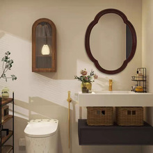 异形橡胶木实木棕色洗手台化妆桌触控带灯除雾创意壁挂免打孔镜子