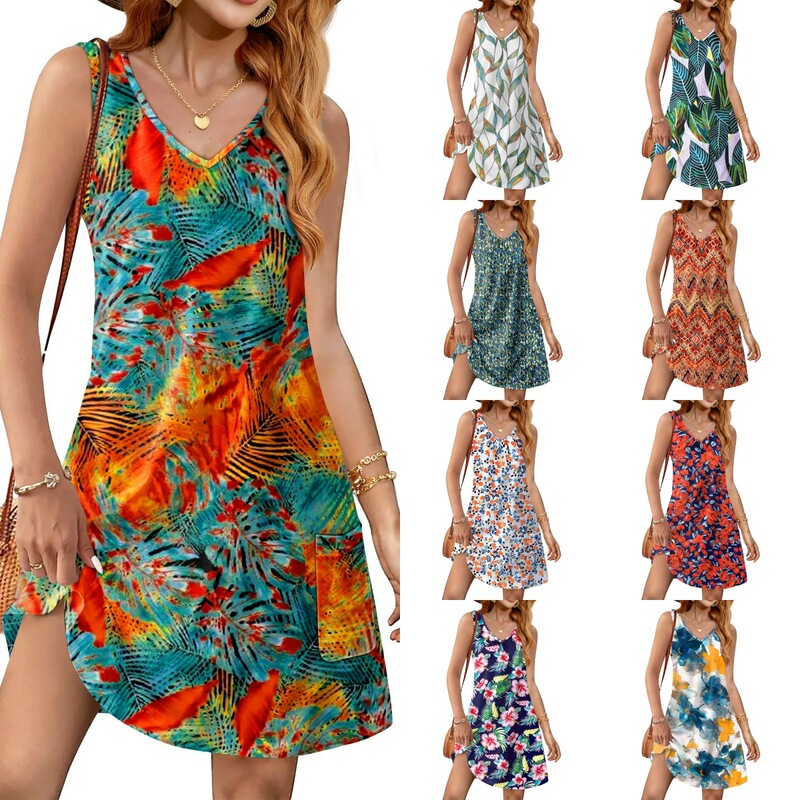 European and American Cross-Border 2025 Amazon Coat-Style Independent Summer Beach Loose V-Neck Sleeveless Pocket Dress Tank Top