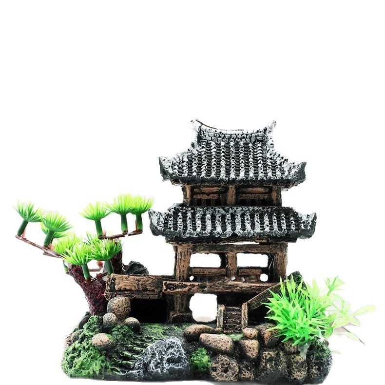 Pecera paisaje rocalla acuario decoración paisaje resina casa Jiangnan cabaña agua ciudad edificio decoración nube edificio grúa
