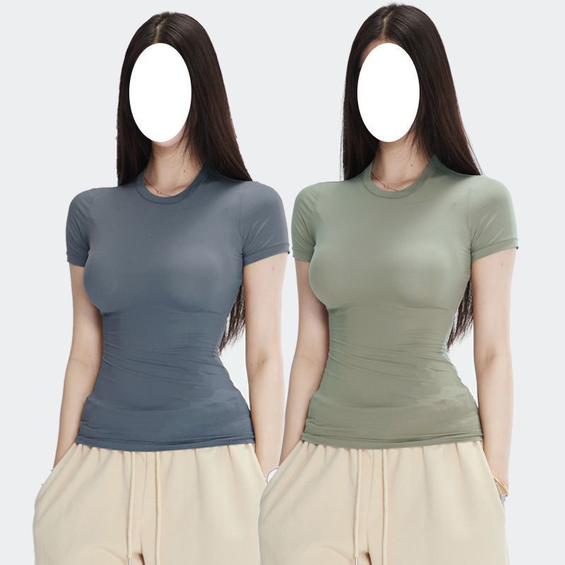 半袖春夏スリムフィット伸縮性右肩タイトピンクTシャツ半袖トップス女性用|undefined