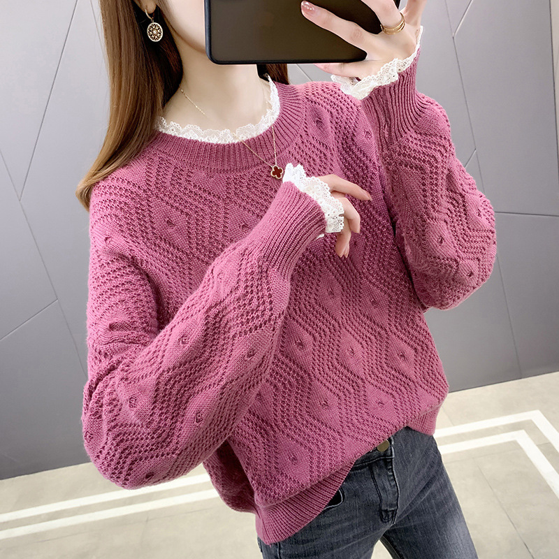 春装新款蕾丝花边圆领毛衣女宽松外穿镂空针织衫洋气内搭打底衫|ms