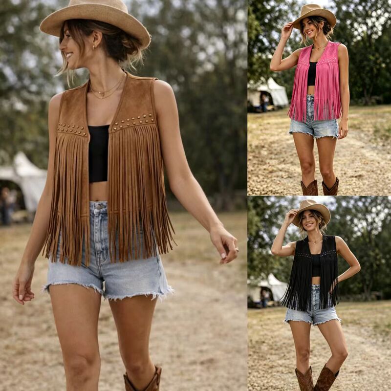 Cross-border European and American women's tassel sleeveless vest 2026 new style tassel suede 70s hippie jacket vest Cross-border European and American women's tassel sleeveless vest 2026 new style tassel suede 70s hippie jacket vest