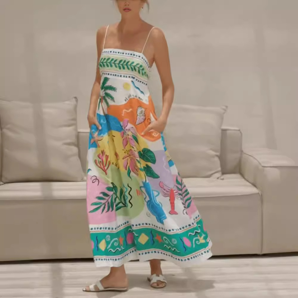 In-stock Cross-border European And American Independent Station 2026 New Beach Style Printed Strapless Sleeveless Maxi_ecoleips.com