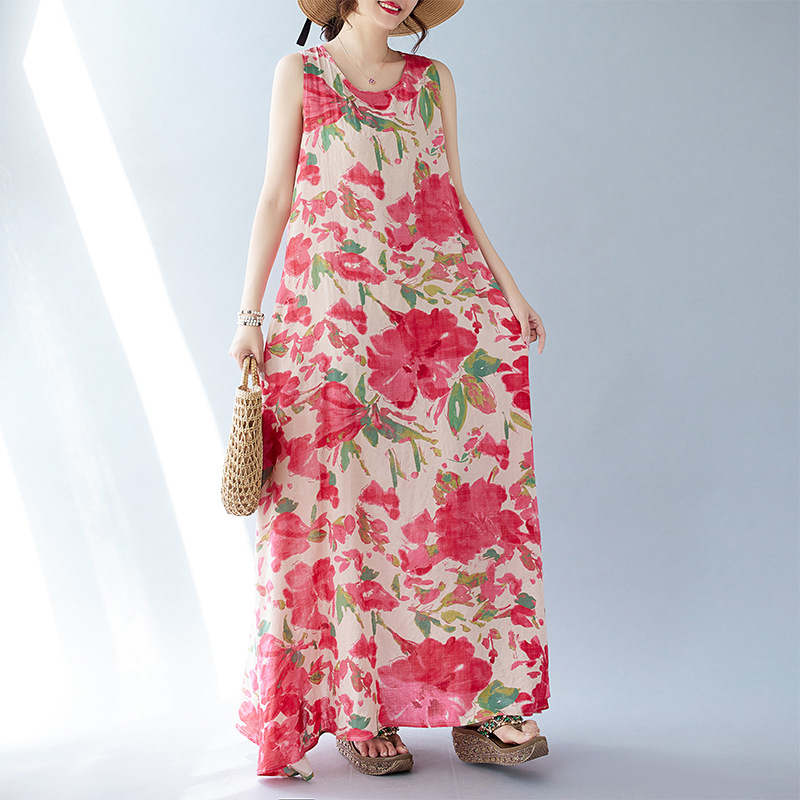 Real Shot Of The 2024 Summer New Bohemian Artistic Loose Sleeveless Round-neck Printed Mid-length Dress For Women_ecoleips.com