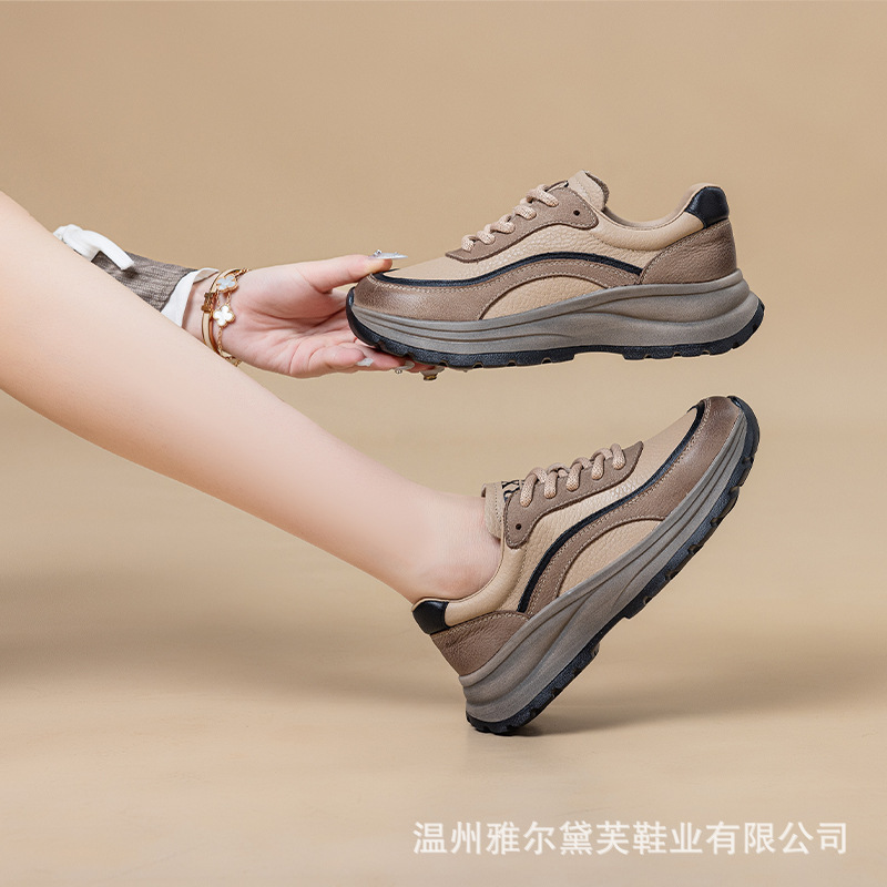 真皮复古休闲鞋女2025秋季新款拼色德训鞋软底百搭轻便运动阿甘鞋|undefined