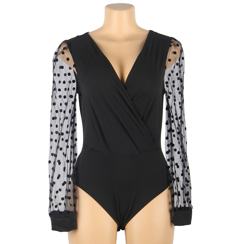 Spot primavera, otoño y invierno comercio exterior ropa de mujer con negro sexy profundo punto de onda V malla manga larga entrepierna abierta combinación