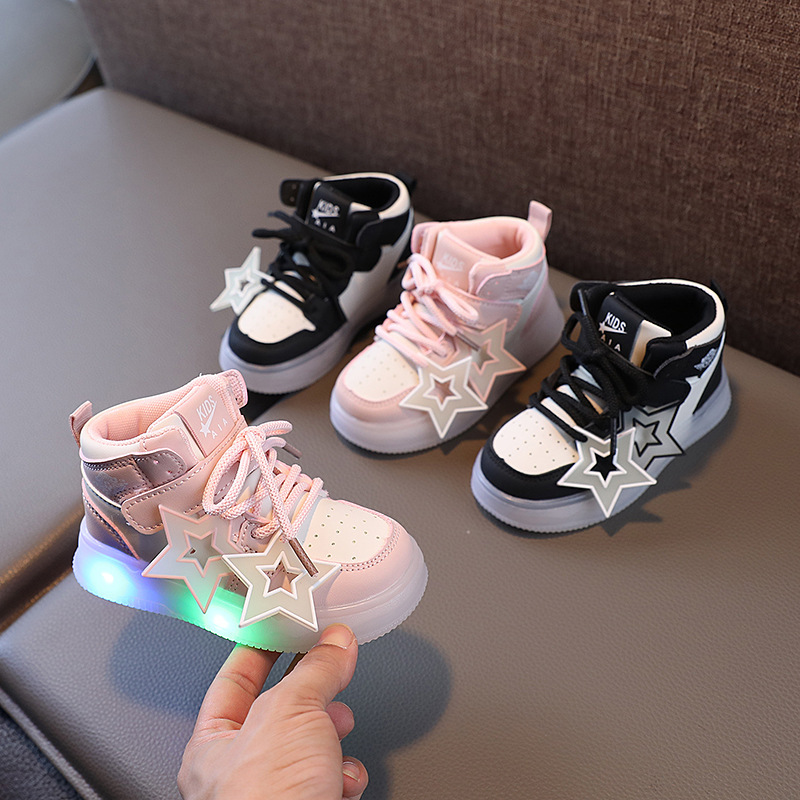2023 autumn children's light board shoes 1-6 years old baby girl star shoes soft bottom board shoes waterproof breathable Velcro