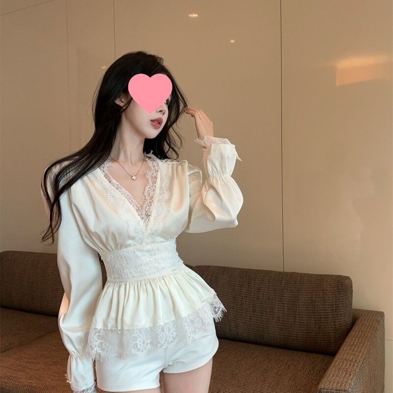 Spring and Autumn French-Style Chic Lace V-Neck Satin Shirt for Women with Unique Design, Waist-Cinching Long-Sleeve Top Spring and Autumn French-Style Chic Lace V-Neck Satin Shirt for Women with Unique Design, Waist-Cinching Long-Sleeve Top