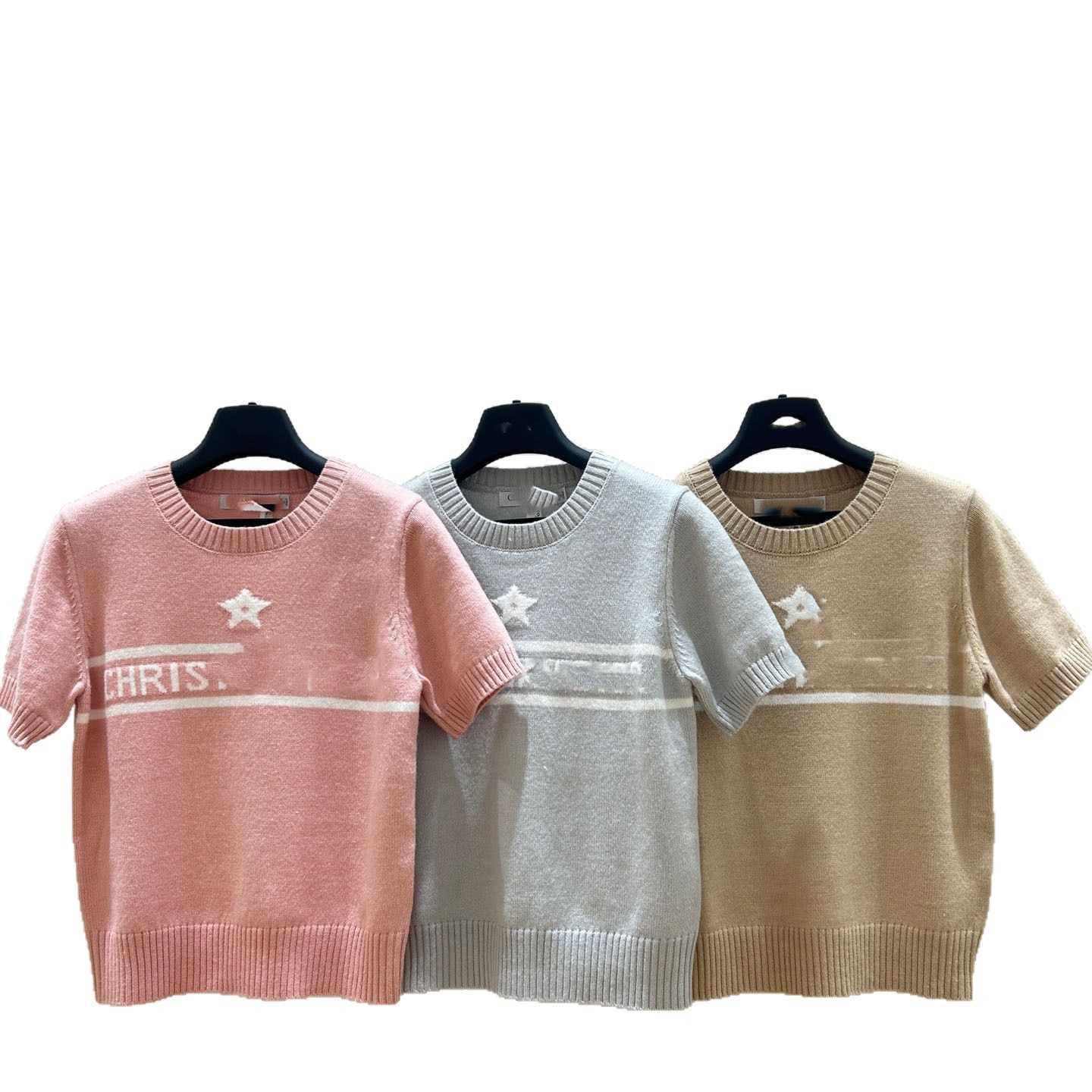 南油ハイエンド女装D家起爆半袖ニット高級感小香風丸襟五角星アルファベットジャカード