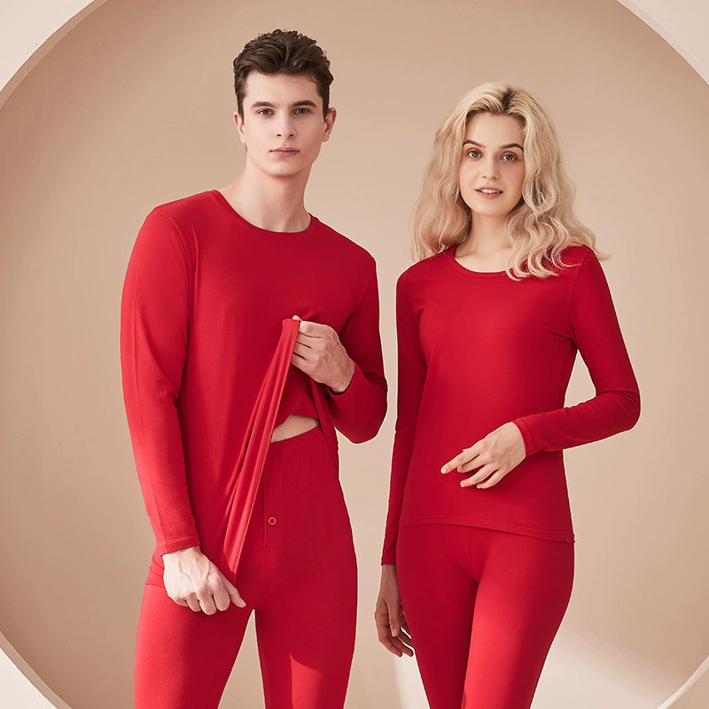 Ярко-красный праздничный комплект термобелья для пары, облегающий и теплый, осенние верх и низ, пуловер с круглым вырезом, утолщенный для сохранения тепла.