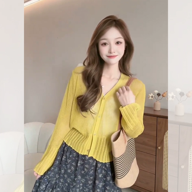 Французский желтый свитер с цветочным вырезом из ледяного шелка солнцезащитный кардиган