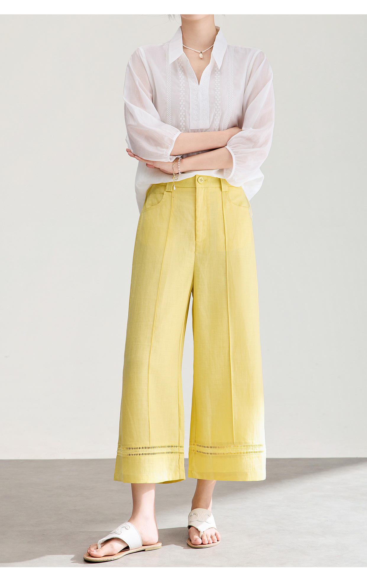 Quần culottes nữ ống rộng dáng dài 9 phần, chất liệu sợi gai dầu mỏng nhẹ mùa hè — màu xanh navy chi tiết 15