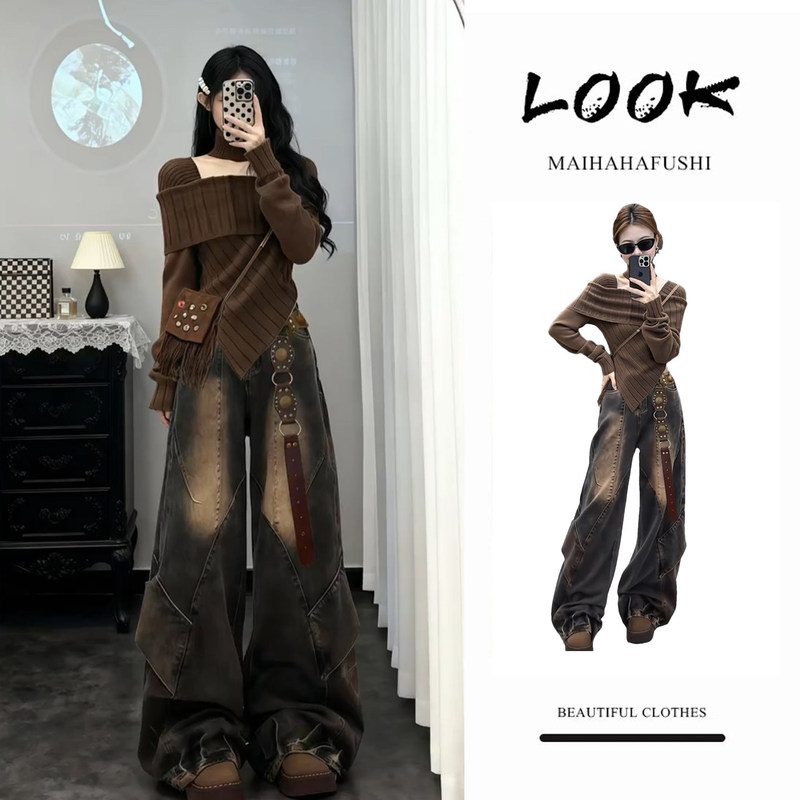 Cool and Stylish Age-Reducing Outfit for Women, Spring American Retro Slim-Fit Irregular Knit Top and Denim Wide-Leg Pants Cool and Stylish Age-Reducing Outfit for Women, Spring American Retro Slim-Fit Irregular Knit Top and Denim Wide-Leg Pants