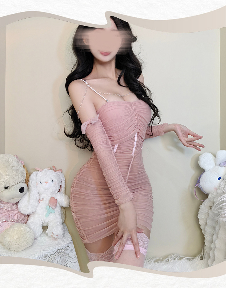 French-Style Mesh Wrap Nightgown with Hip Skirt, Blue One-Size Lingerie Dress — detail image 4