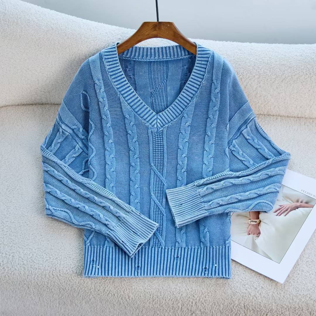 Coreano retro torcido cuello en V manga larga camiseta de punto suelta nuevo otoño y invierno hacer viejos agujeros suéter mujer ropa exterior image 8