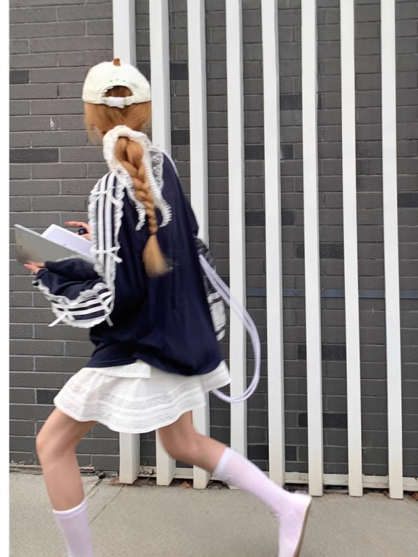 レースストライプリボン長袖Tシャツレディース夏韓国風カジュアルルーズミドル丈デザイントップ|undefined