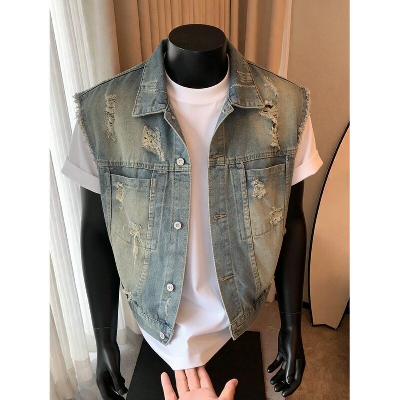 Spring and Summer American Retro Washed Frayed Short Denim Jacket for Men, Sleeveless, Loose Fit, Trendy and Stylish Vest Top