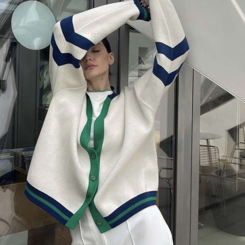 Cárdigan a la Moda con Bloques de Color, Suéter Holgado Informal para Otoño e Invierno, Ropa Femenina Transfronteriza 2024, Chaqueta de Suéter Tejido Simple a Rayas image 4