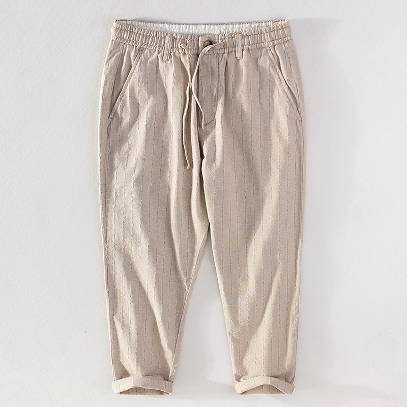 Pantalon décontracté homme rayé coton lin taille élastique_voghion.com
