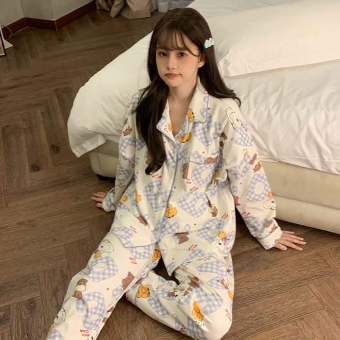 Al por mayor transfronterizo otoño nuevo cardigán pijama de mujer pull-frame algodón pantalones de manga larga con solapa set de ropa casera casual