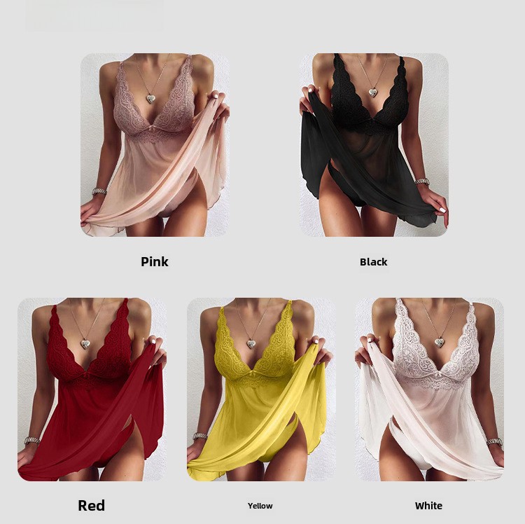 Crisp sexy lingerie foreign trade European and American export sling women's sexy lace perspective elegant sexy pajamas suit_desvips.com