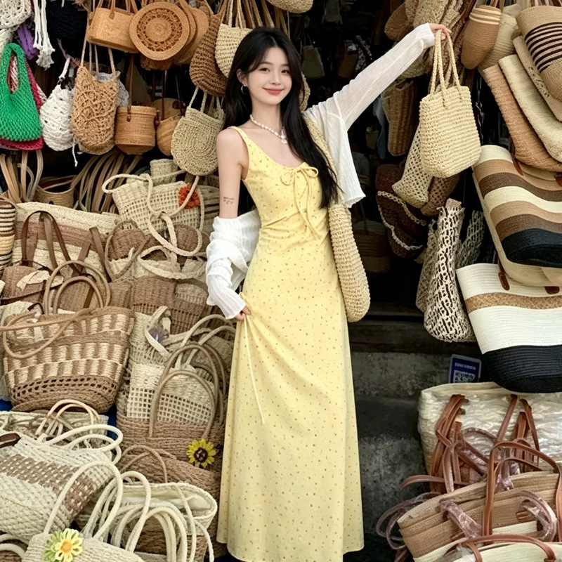 2026 New Style Loose Dress, Lazy Style, Gentle Style, Floral Yellow Dress, Sun Protection Cardigan, Loose Fit for Pregnant Women