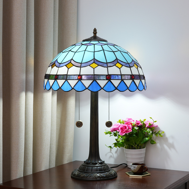 40cm European Tiffany Stained Glass Table Lamp Mediterranean Blue Style Bedroom Bedside Desk Lamp