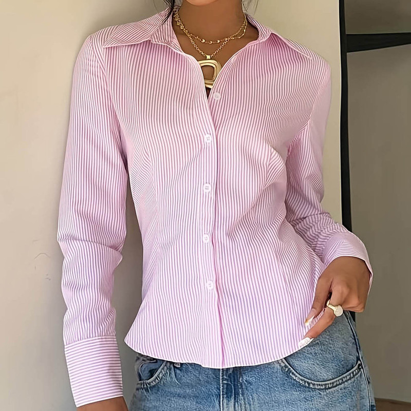 European and American summer foreign trade street style striped cardigan shirt collar slim-fit women's shirt
