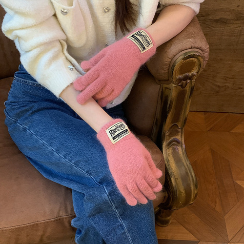 Fingerless touch screen student warm cycling gloves Korean version solid color French standard containing rabbit fur warm gloves women's winter finger gloves