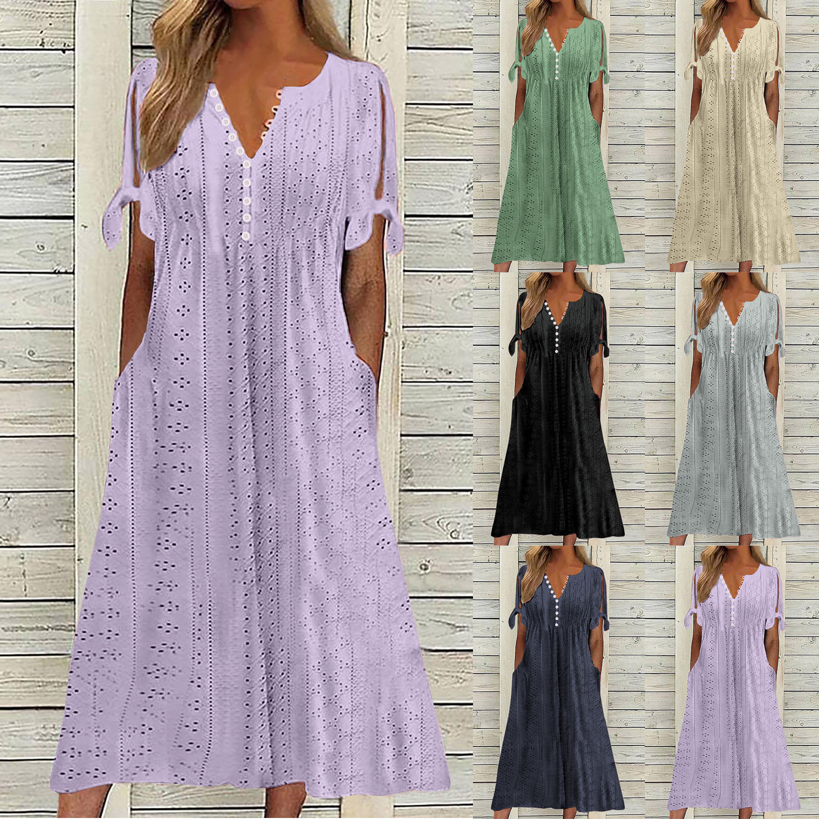 2024 Summer New Cross-border European and American Women's Amazon Cut Out v Neck Cuffs Bow Ladies Dress