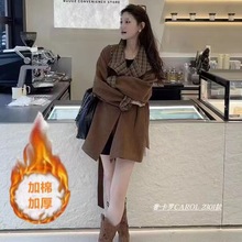韩系撞色格子拼接毛呢风衣外套女秋新款宽松潮流显瘦百搭大衣