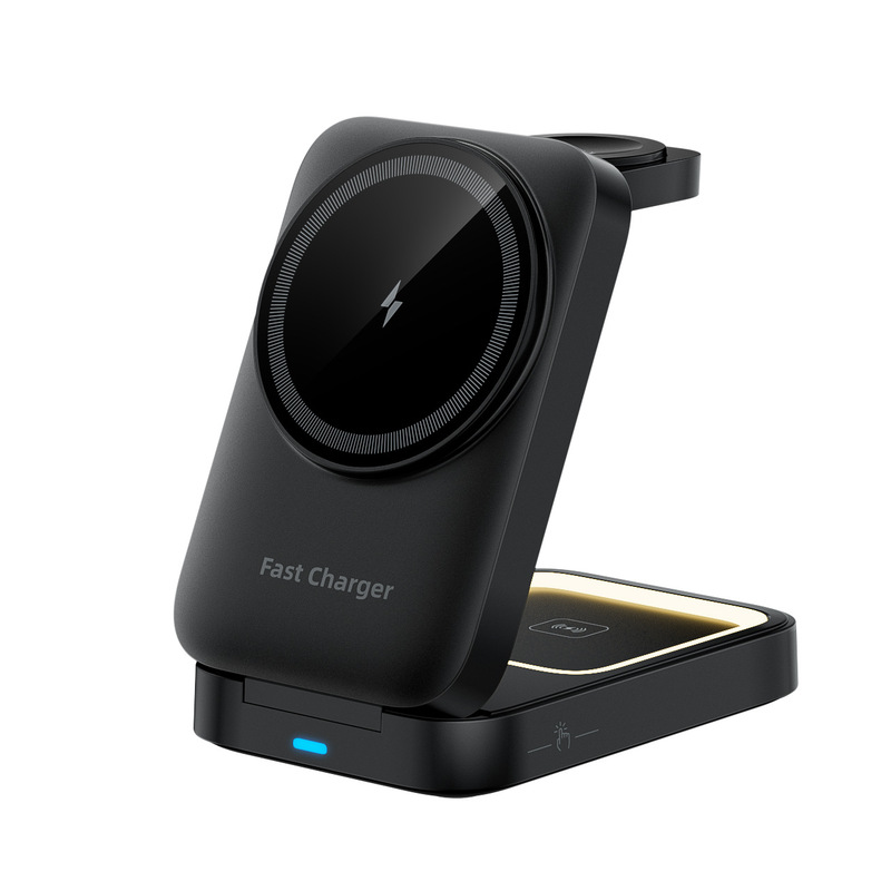 Cross-Border Popular Ambient Light Foldable Magnetic Three-In-One Wireless Charger Suitable for Apple and Android Fast Charging
