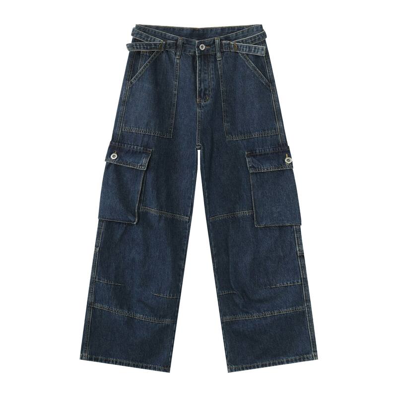 Quần jeans nam ống rộng thẳng phong cách đường phố, nhiều túi, lưng giữa eo — màu xanh đậm