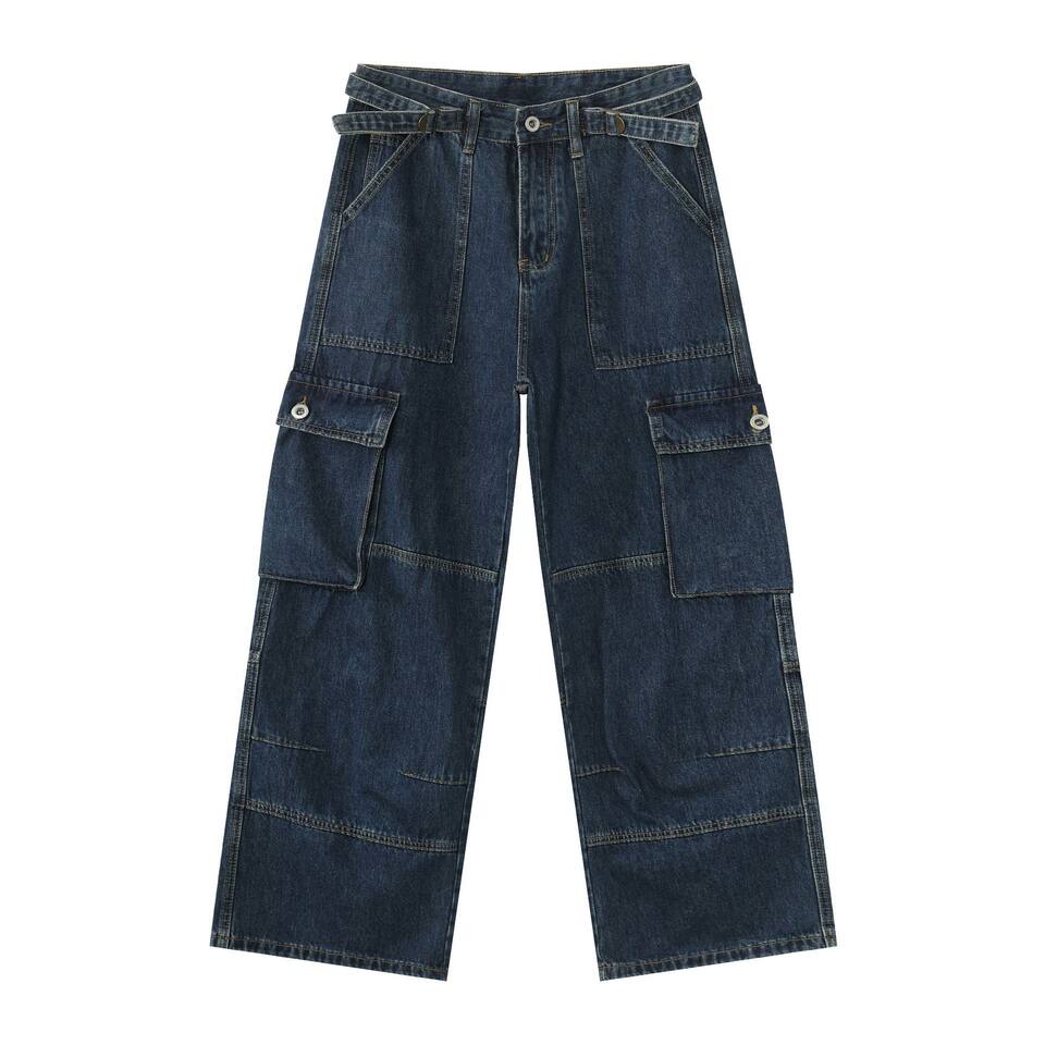 Quần jeans nam ống rộng thẳng phong cách đường phố, nhiều túi, lưng giữa eo — màu xanh đậm