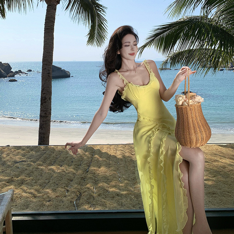 Three-Layer Diagonal-Cut Ruffled Long Dress with Slits, French-Style Romantic Vacation Dress in Bud Yellow Knitted Fabric Three-Layer Diagonal-Cut Ruffled Long Dress with Slits, French-Style Romantic Vacation Dress in Bud Yellow Knitted Fabric