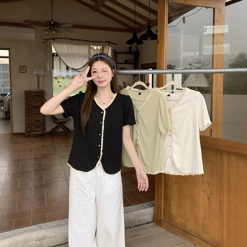 Real Shot of 2026 Summer Plus-Size French-Style V-Neck Short-Sleeve T-Shirt with Lace Trim, Chanel-Inspired Top 64859 Real Shot of 2026 Summer Plus-Size French-Style V-Neck Short-Sleeve T-Shirt with Lace Trim, Chanel-Inspired Top 64859