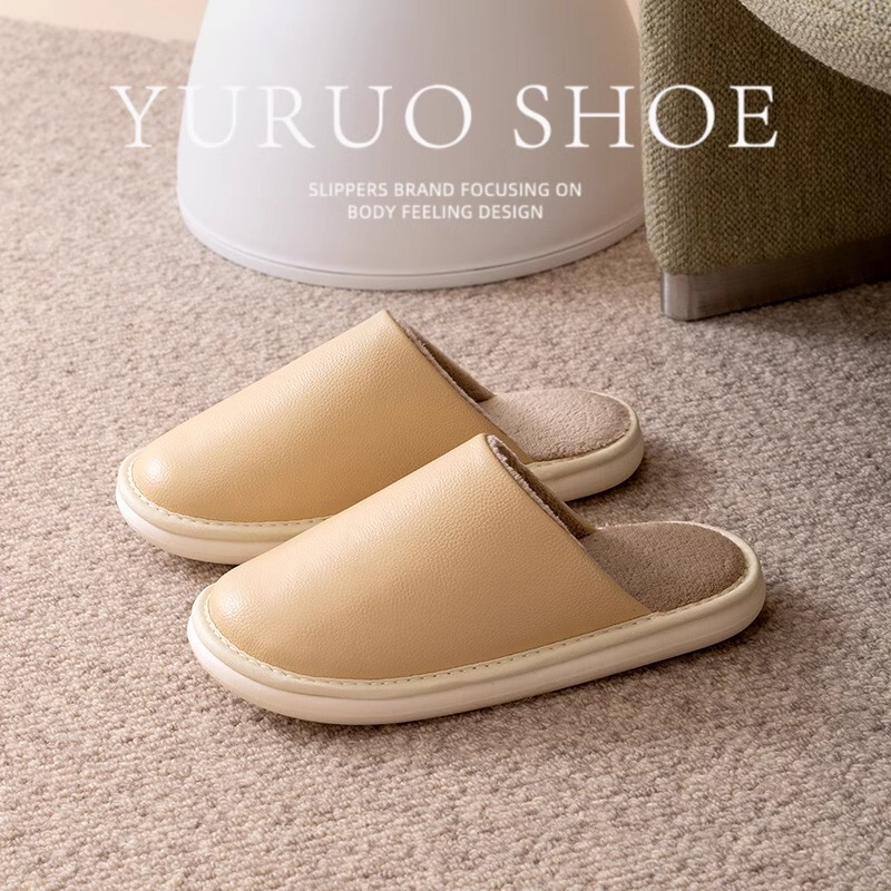 2025 New Round-Soled Genuine Leather Cotton Slippers Autumn and Winter Indoor Home Warm Anti-Slip Couple Thick-Soled Waterproof Cowhide
