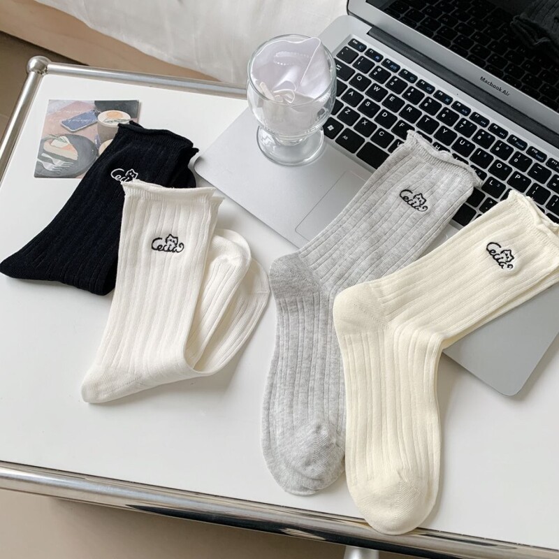 Mekki Spring and Summer New Socks Women's Vertical Strip Embroider Cat Women's Socks Casual Mid-Calf Socks Zhuji Socks Industry