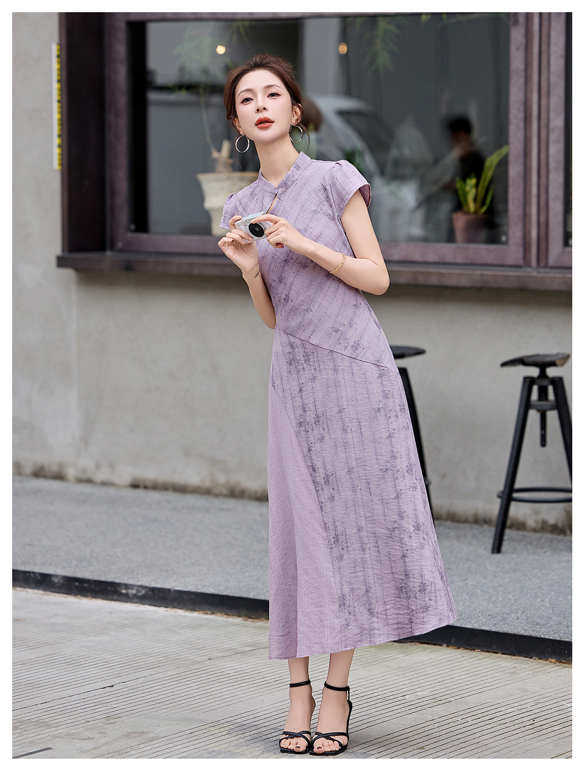 Đầm maxi cổ đứng tay ngắn dáng suông thắt eo phong cách Trung Hoa hiện đại — màu tím chi tiết 13