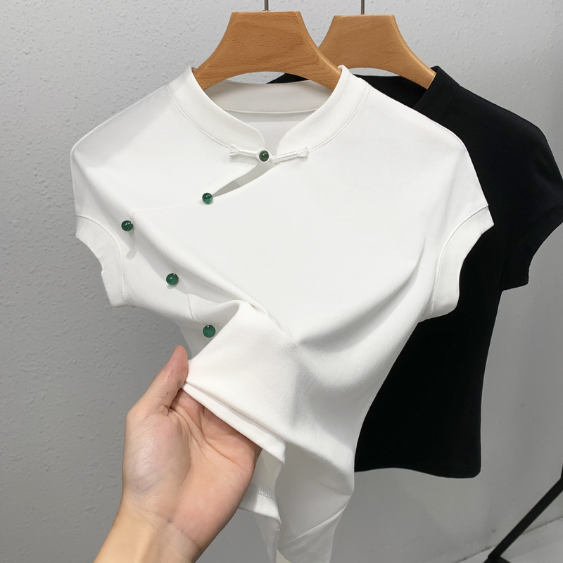 Nuevo estilo chino chaleco de manga corta para mujer, verano de 2025, nuevo estilo retro, diseño de hebilla de disco, camiseta con mangas