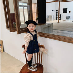 Girls suit autumn new denim suspender skirt + long-sleeved bottoming shirt fashionable 2-piece set for children and middle-aged children