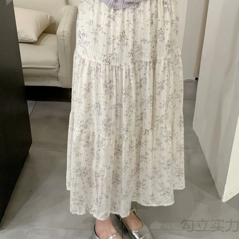 清新复古肌理感高腰碎花雪纺半身裙春夏中长拼接A字蛋糕裙小个子