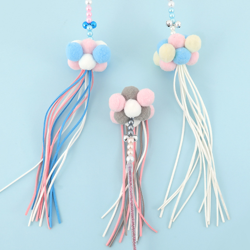 Nuevos suministros para mascotas en línea celebridad de hadas divertido gato palo coreano hecho a mano borla perla pluma campana divertido gato juguete