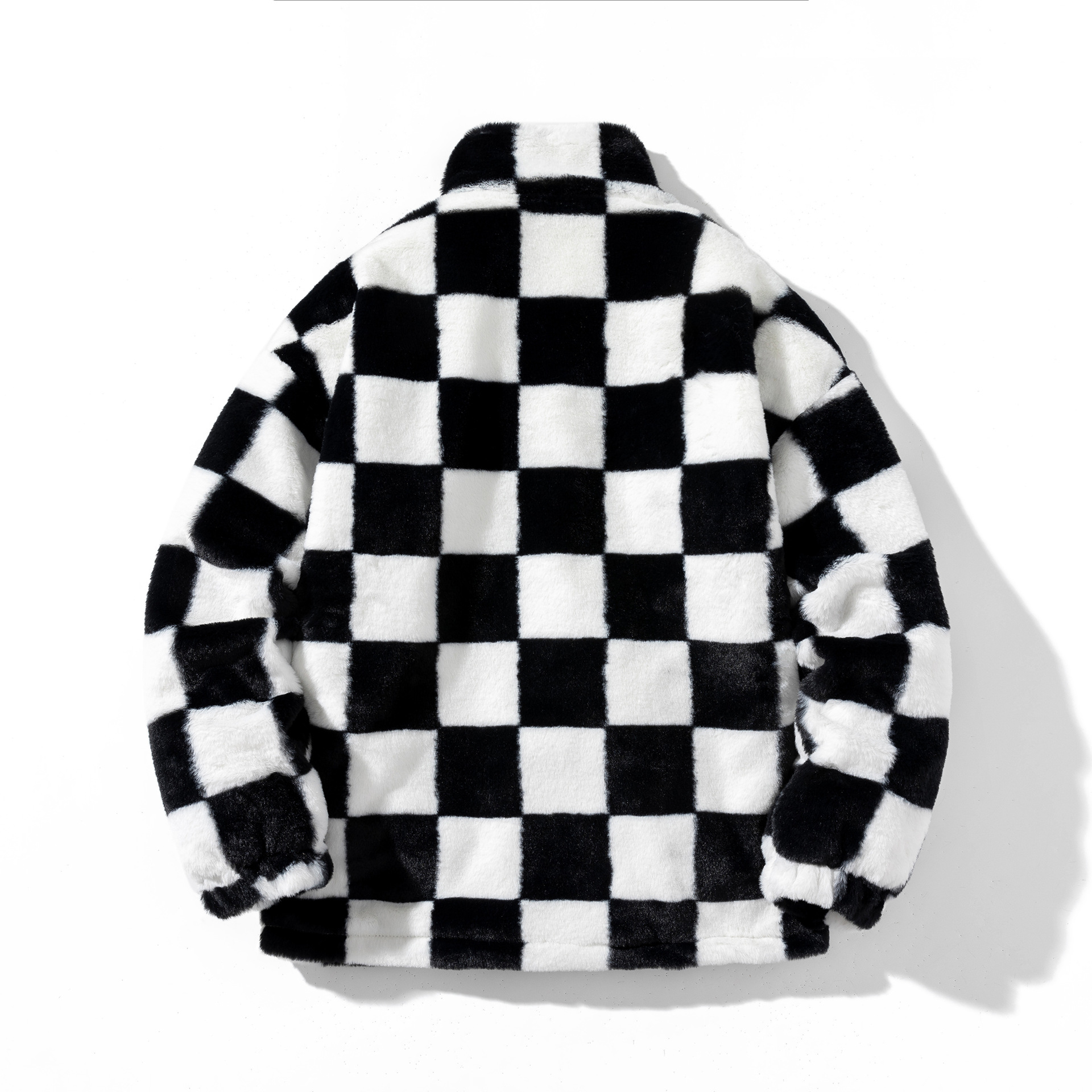 Tablero de ajedrez blanco y negro A cuadros engrosada de piel sintética de conejo abrigo acolchado de algodón de invierno cálido chaqueta acolchada de algodón suelta de longitud media nueva capa acolchada de algodón de las mujeres