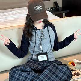 女童针织打底衫2026新款韩系洋气穿搭连帽衫中大童拼色打底体恤女