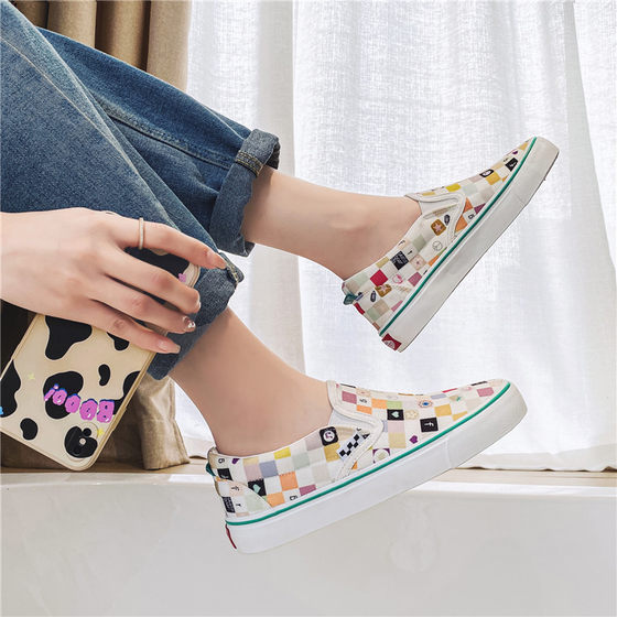2024 Spring New Breathable Lazy Slip-on Canvas Shoes Women's Plaid Cartoon Mario Pattern Plaid Sneakers