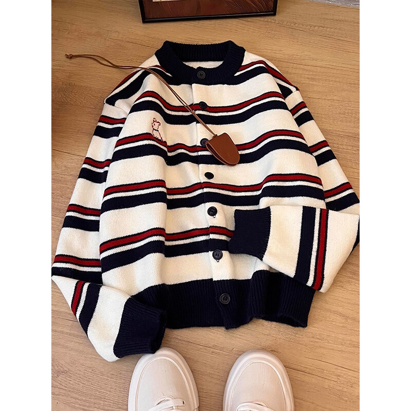 Real Price # Sheep Velvet (One Color) Contrasting Stripesd Knitted Cardigan for Women in Autumn and Winter Korean Style Woolen Wear