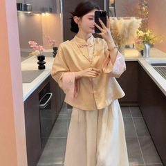新中式国风套装女秋季贵气感超好看刺绣盘扣立领上衣阔腿裙两件套
